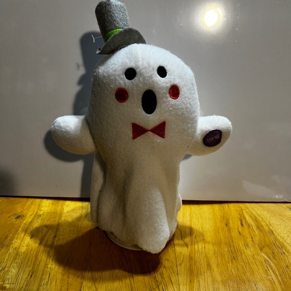 9in Animated Dancing Ghost Plush White Top Hat Red Bow Tie Halloween